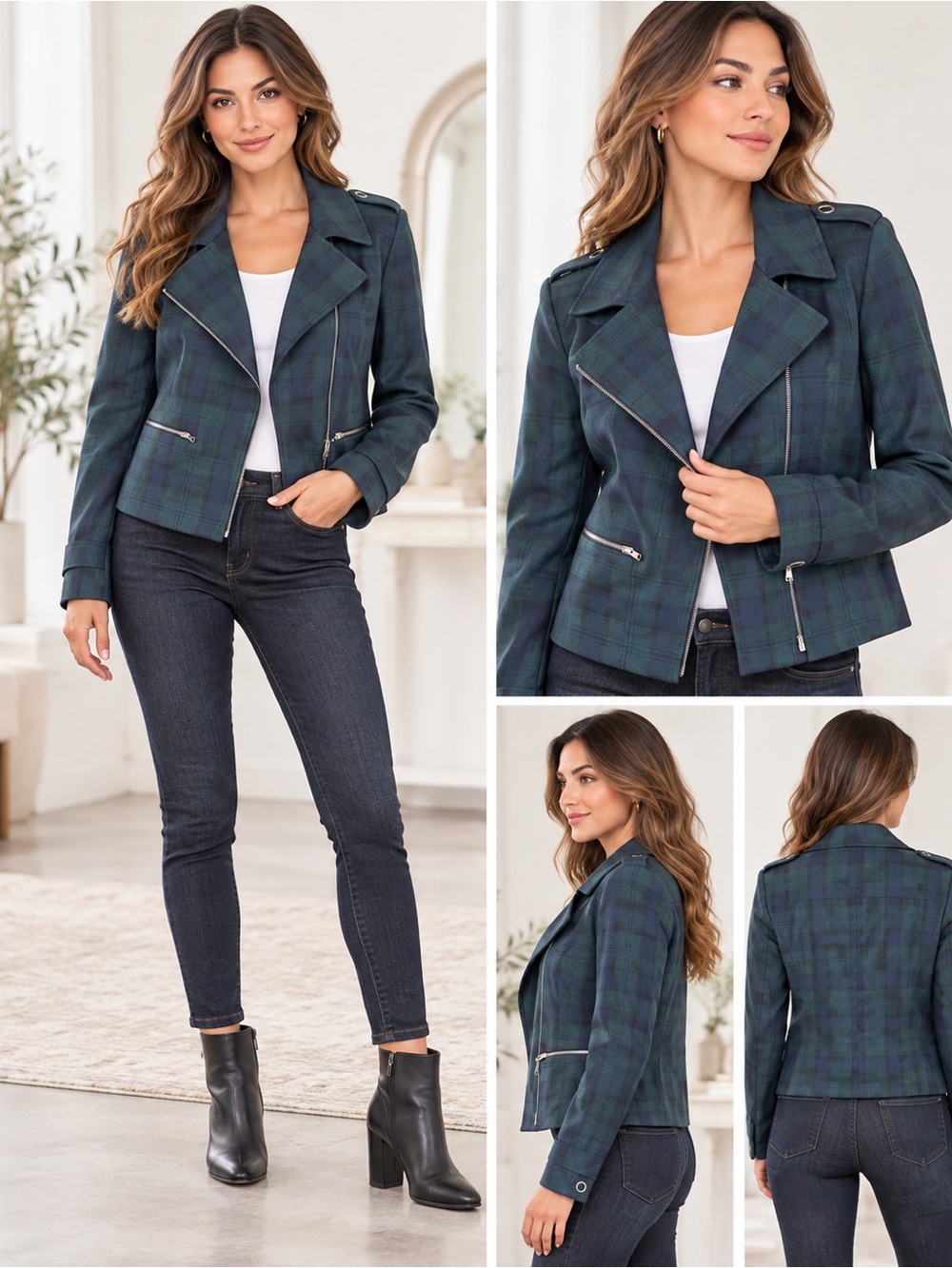 CABI TARTAN PLAID MOTO JACKET GREEN BLUE STLYE #3181 Size 8 Fall Biker Preppy